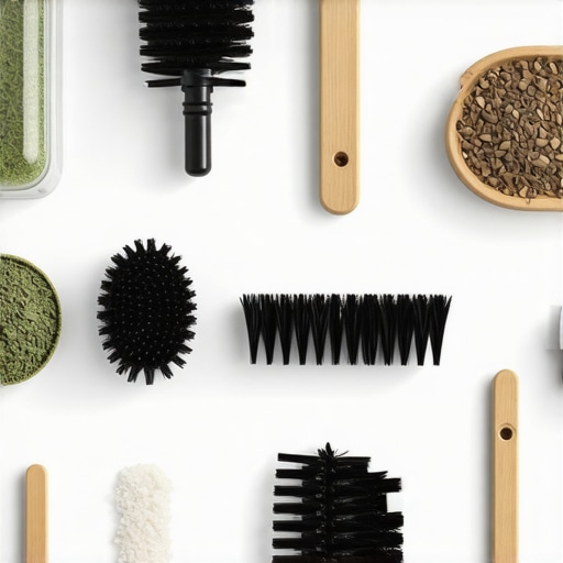 A collection of eco-friendly cleaning tools and natural ingredients like vinegar, baking soda, and microfiber cloths.