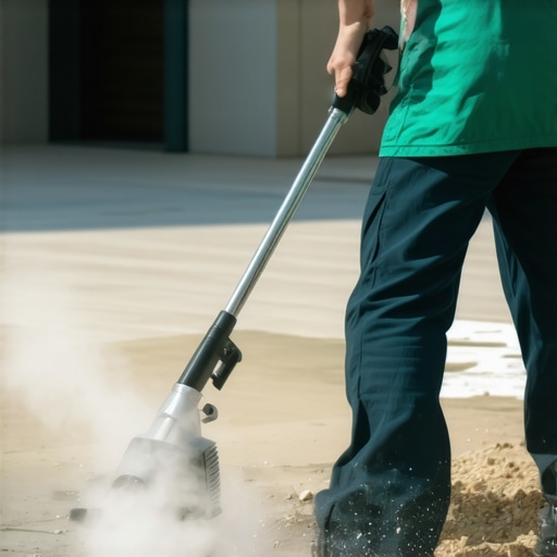 Eco-friendly steam cleaner and biodegradable cleaning tools in use during post-construction cleaning