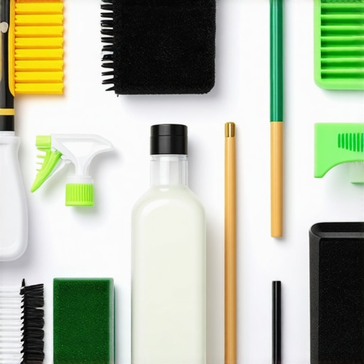 A clean, organized eco-friendly cleaning station with biodegradable products and reusable tools