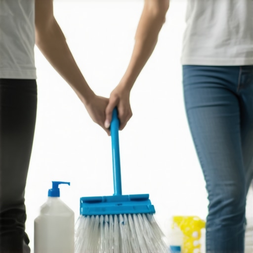 Eco-friendly cleaning tools such as biodegradable products and microfiber cloths in use