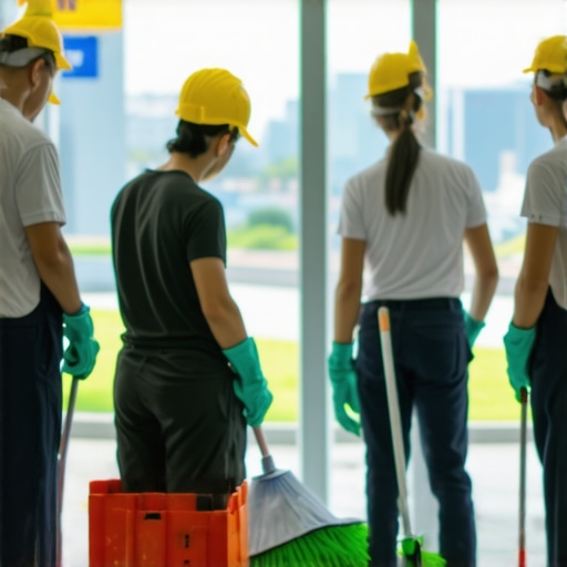 Cleaning professionals using green cleaning tools at a construction site