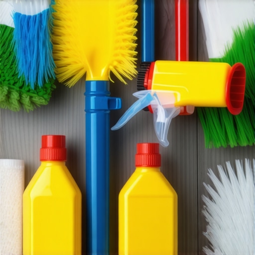 Eco-friendly cleaning products and microfiber cloths used during post-construction cleaning