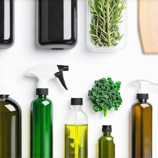 A collection of natural disinfectants and eco-certified cleaning products on a counter