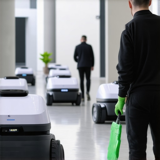 Futuristic robots performing eco-friendly cleaning in a modern construction site