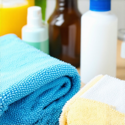 Advanced enzymatic cleaning setup Enzymatic cleaners and microfiber cloths on a clean eco-friendly surface