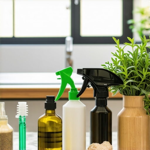 Eco-Friendly Cleaning Tools and Ingredients Eco-friendly cleaning tools and natural ingredients on a kitchen counter