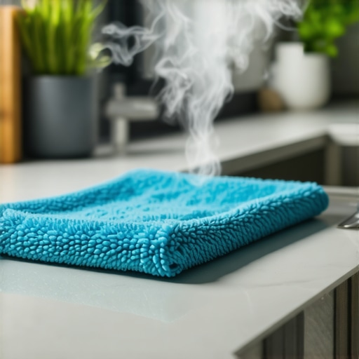 Eco-Friendly Cleaning in Action Microfiber cloth steaming on a kitchen surface for cleaning
