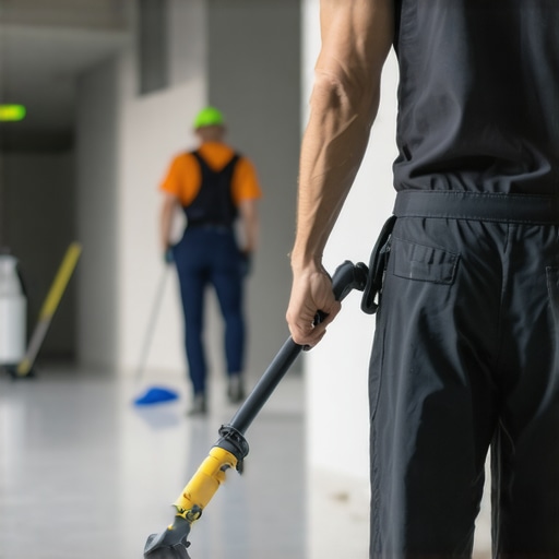 Team of professionals performing eco-conscious post-construction cleaning with green tools