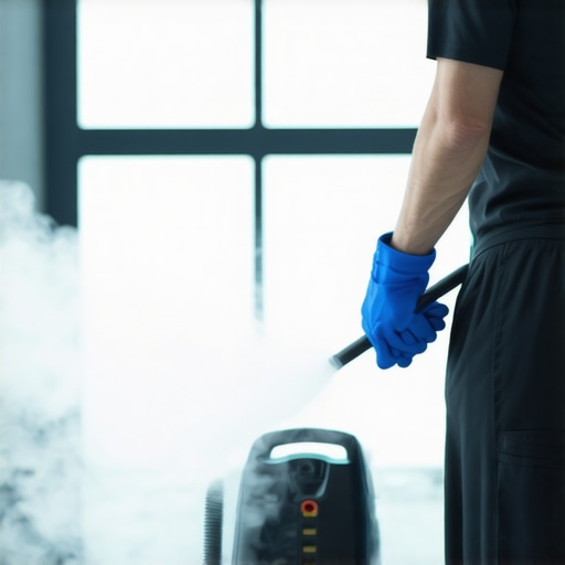 Cleaner using eco-friendly equipment to swiftly clean a construction site