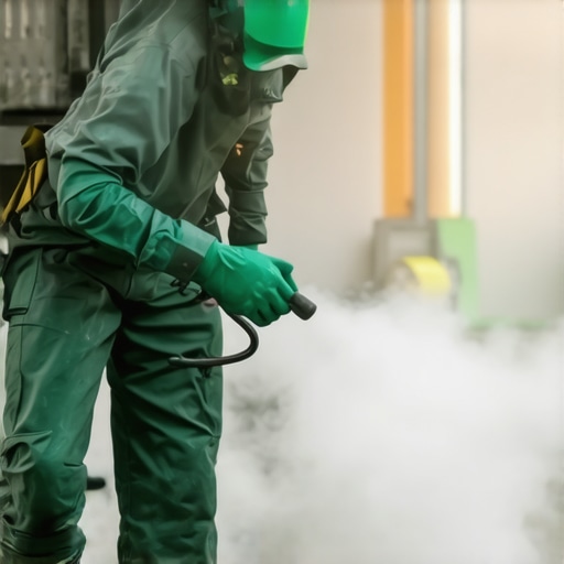 Cleaning professional using eco-friendly steam cleaner among construction debris.