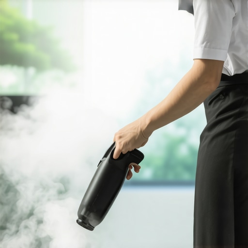 Eco-Friendly Steam Cleaning in Action A professional using a steam cleaner on a home surface, highlighting rapid, eco-safe sanitation.