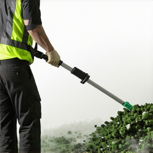 Professional demonstrating eco-friendly steam cleaning on construction debris.