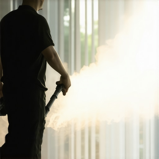 Eco-friendly steam cleaning in action A professional using a steam cleaner on a modern home surface for quick, eco-safe cleaning.