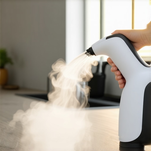 A state-of-the-art steam vapor cleaner disinfecting a kitchen countertop efficiently