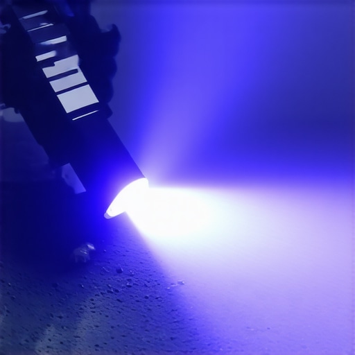 Portable UV-C sterilization device emitting ultraviolet light over construction surface.