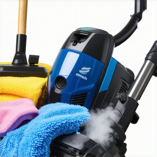 Microfiber cloths, steam cleaner, and HEPA vacuum for sustainable house cleaning.