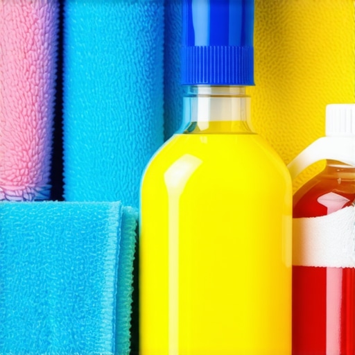 Eco-friendly cleaning tools including microfiber cloths and spray bottles in a clean home