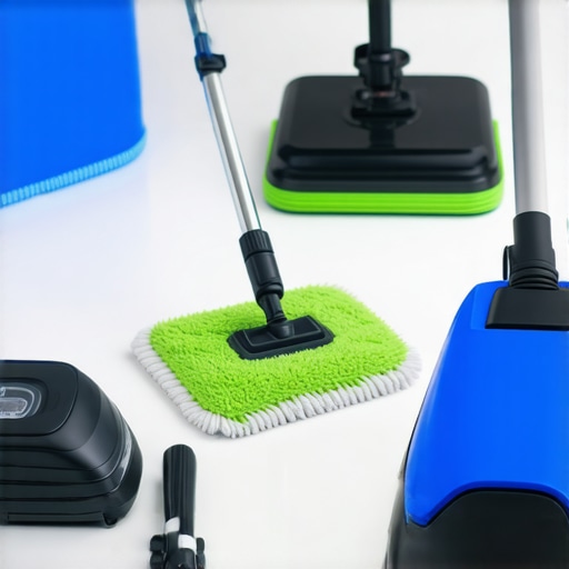 Eco-Friendly Cleaning Tools Various eco-friendly cleaning devices such as microfiber mop, UV sterilizer, and steam cleaner in a bright kitchen setting.