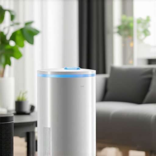 A sleek HEPA vacuum and a smart air purifier on a clean living room floor, showcasing effective post-construction cleaning equipment