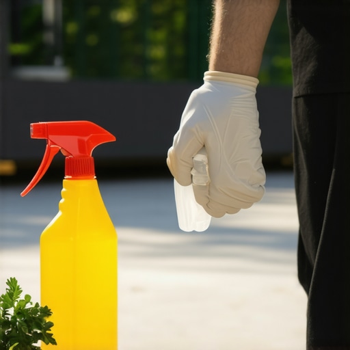 Person spraying natural disinfectant on surfaces at a construction site