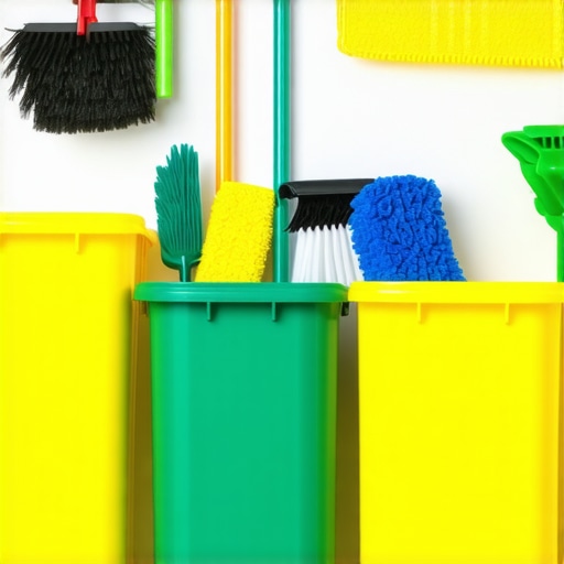 Recyclable debris bins and eco-friendly cleaning supplies in a clean home environment.