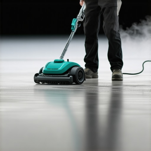 Worker steam cleaning post-construction site with eco-friendly equipment