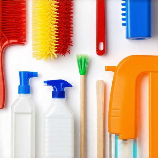 Eco-friendly cleaning tools including microfiber cloths, essential oils, and natural cleaning solutions.