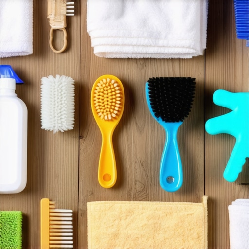 A collection of biodegradable cleaning products, microfiber cloths, and sustainable brushes arranged on a table for eco-friendly post-construction cleaning.