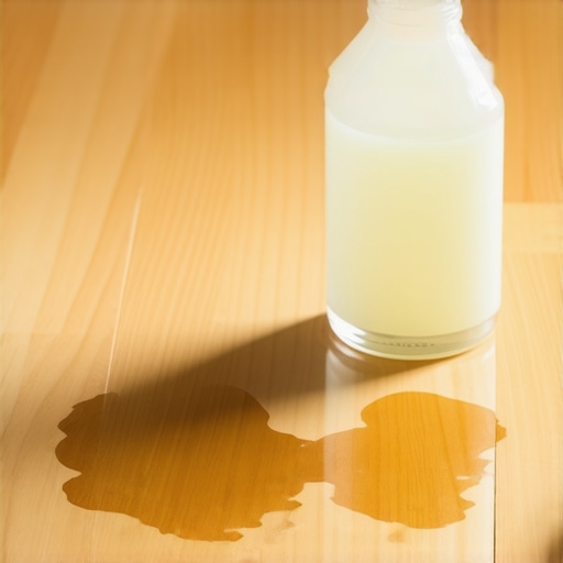 A hand spraying enzyme cleaner onto a white paint stain on wooden flooring for eco-friendly post-construction cleanup.