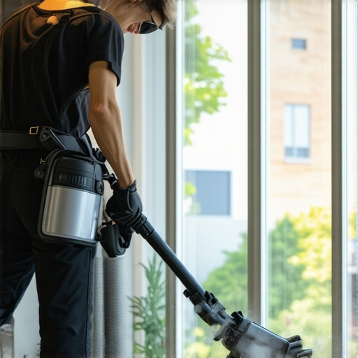 Person using a HEPA vacuum to clean construction dust in a modern, eco-friendly home