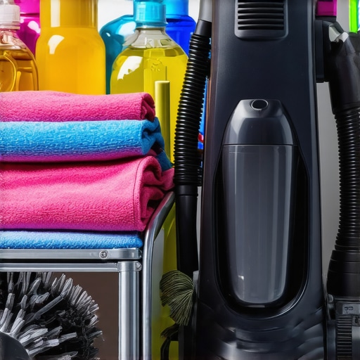 Vacuum with HEPA filter, microfiber cloths, and eco-friendly cleaning supplies