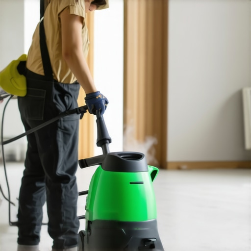 Green steam cleaner sanitizing a home surface after renovation