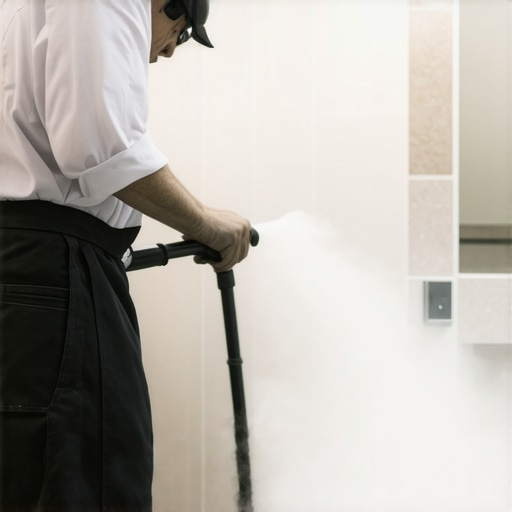 A professional using a green steam cleaner on bathroom tiles