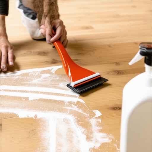Person gently scraping adhesive residue from a wooden floor using eco-friendly tools and natural cleaners
