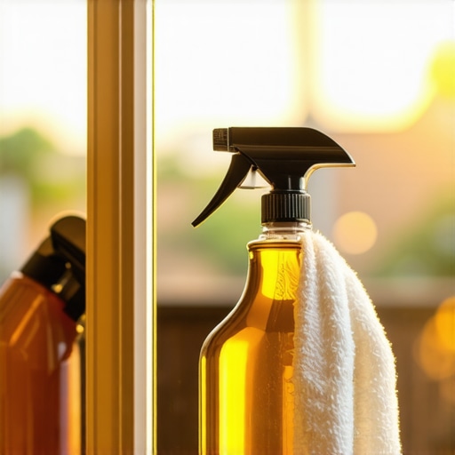 A person cleaning a large window with eco-friendly solutions and microfiber cloths in natural light