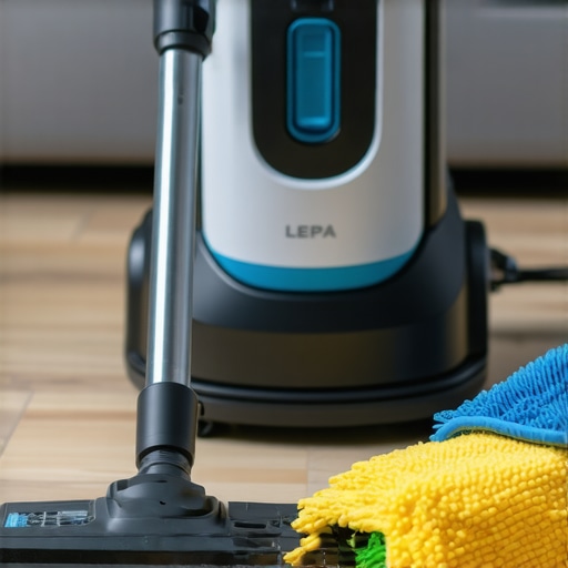 A high-quality HEPA vacuum and microfiber cloths ready for post-construction cleaning.