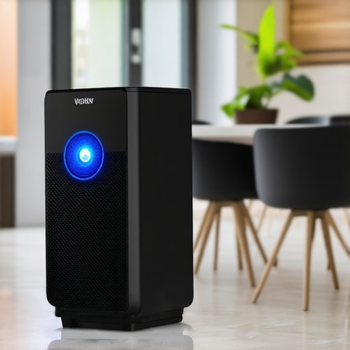 A HEPA air scrubber with UV-C light actively sanitizing a living room after renovation.