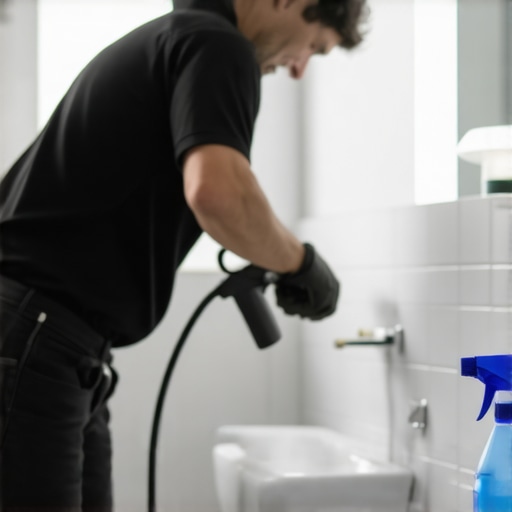 Professional using eco-friendly steam cleaner on tiled bathroom wall for post-construction sanitation.